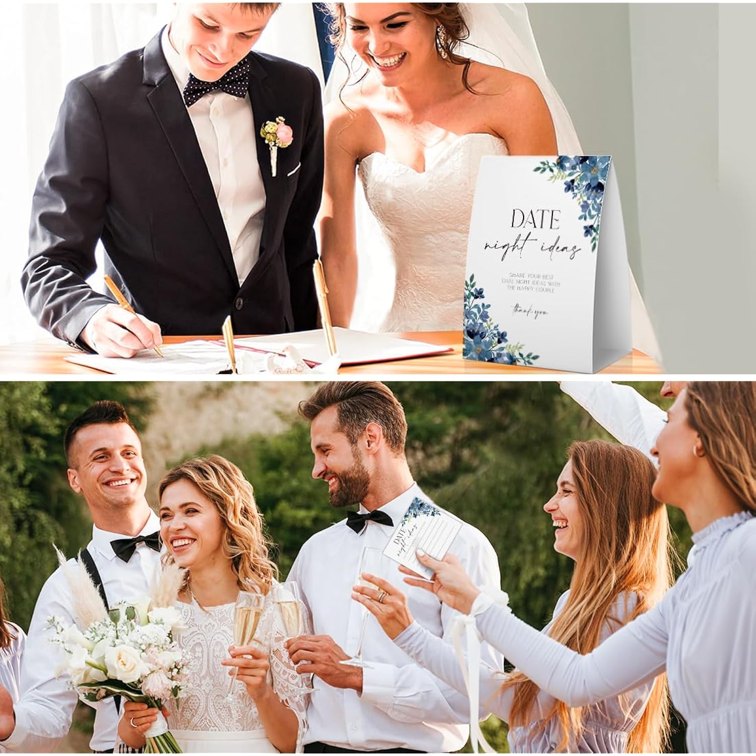 Date Night Ideas For Bridal Shower (One Sign + 50 Ideas Cards), Wedding Games 50 Guests, Bridal Shower Games, Blue Floral Bridal Shower Sign,Something Blue Before I Do Decoration -Dn18