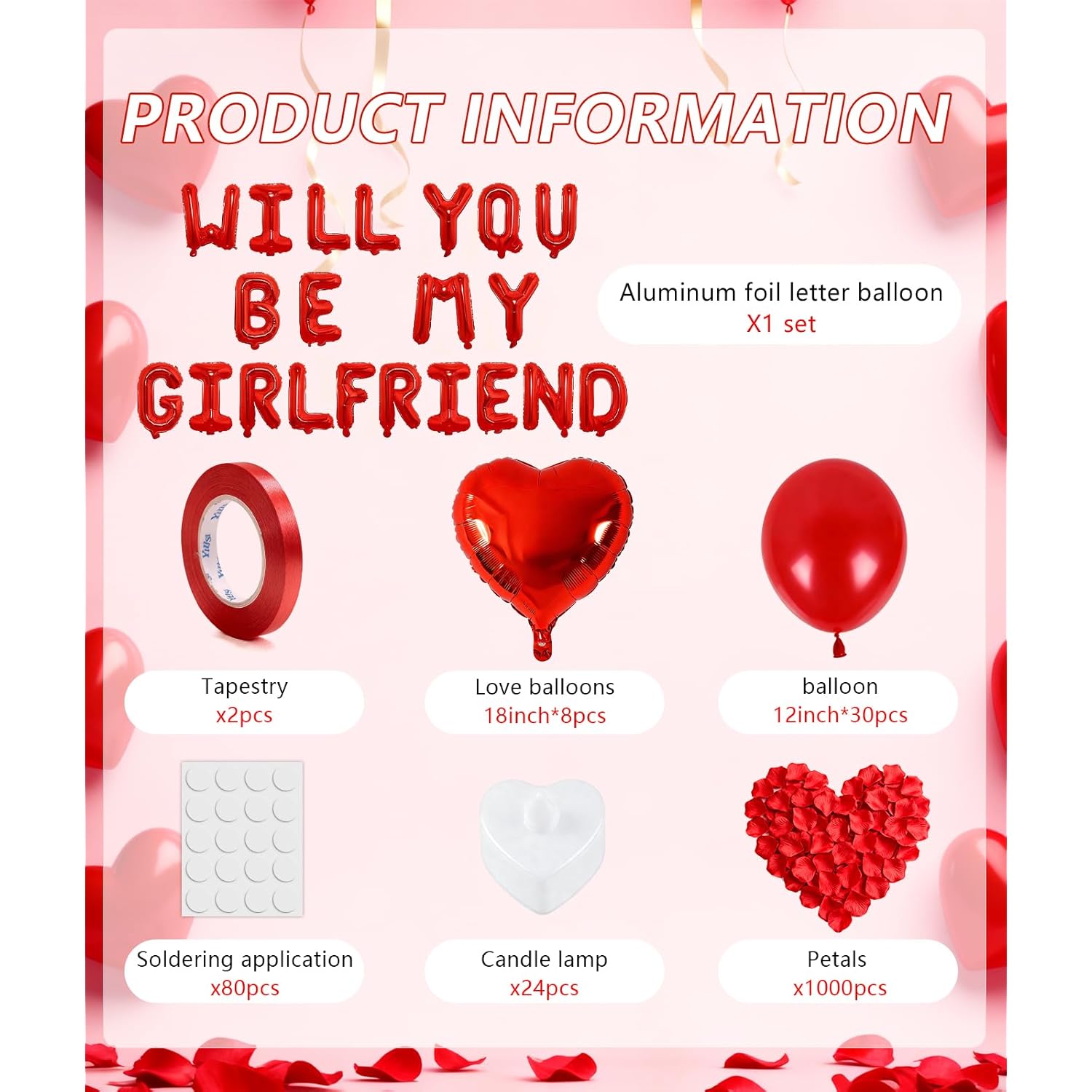 Pink Romantic Decor Kit - Heart Balloons, Rose Petals & Candle Set For Proposals, Anniversary, Valentines Day (30 Balloons + 1000 Petals + 24 Candles) (Red)