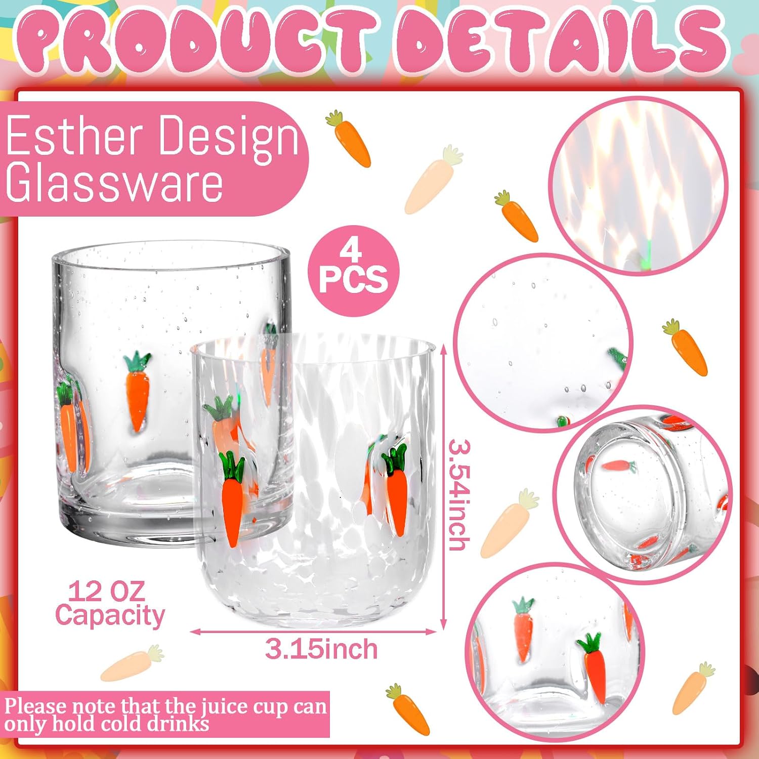 4 Pcs Christmas Icon Juice Glasses 12 Oz Xmas Stemless Wine Glasses Christmas Tree Wreath Double Old Fashion Drinking Cups For Winter Holiday Drinks Party Supplies Gifts(Carrot)