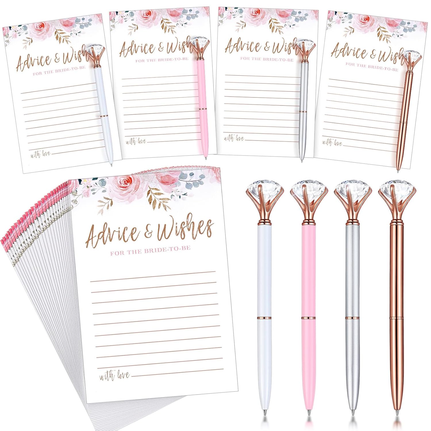 30 Pack Advice And Wishes Cards For The Mr And Mrs, Floral Wedding Advice Cards With Crystal Diamond Pen Rose Flower Bridal Shower Games For Guest