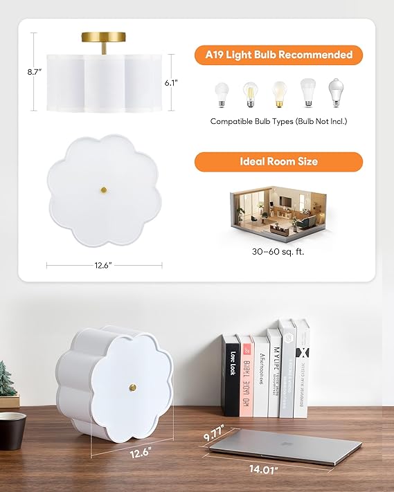 12.6 Inch Gold Semi Flush Mount Ceiling Light 3 Light Flower Fabric Shade Fixture