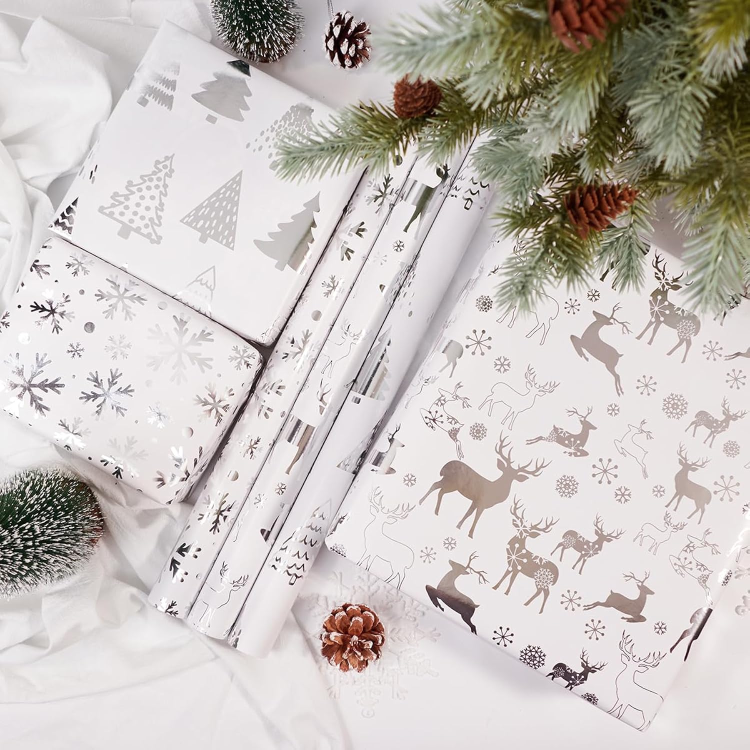 Christmas Wrapping Paper Roll,3 Rolls Silver Christmas Wrapping Paper,Silver Metallic Gift Wrap Paper,Xmas Tree Snowflake Elk Printed Assortment - Mini Roll 17 Inch X 118 Inch