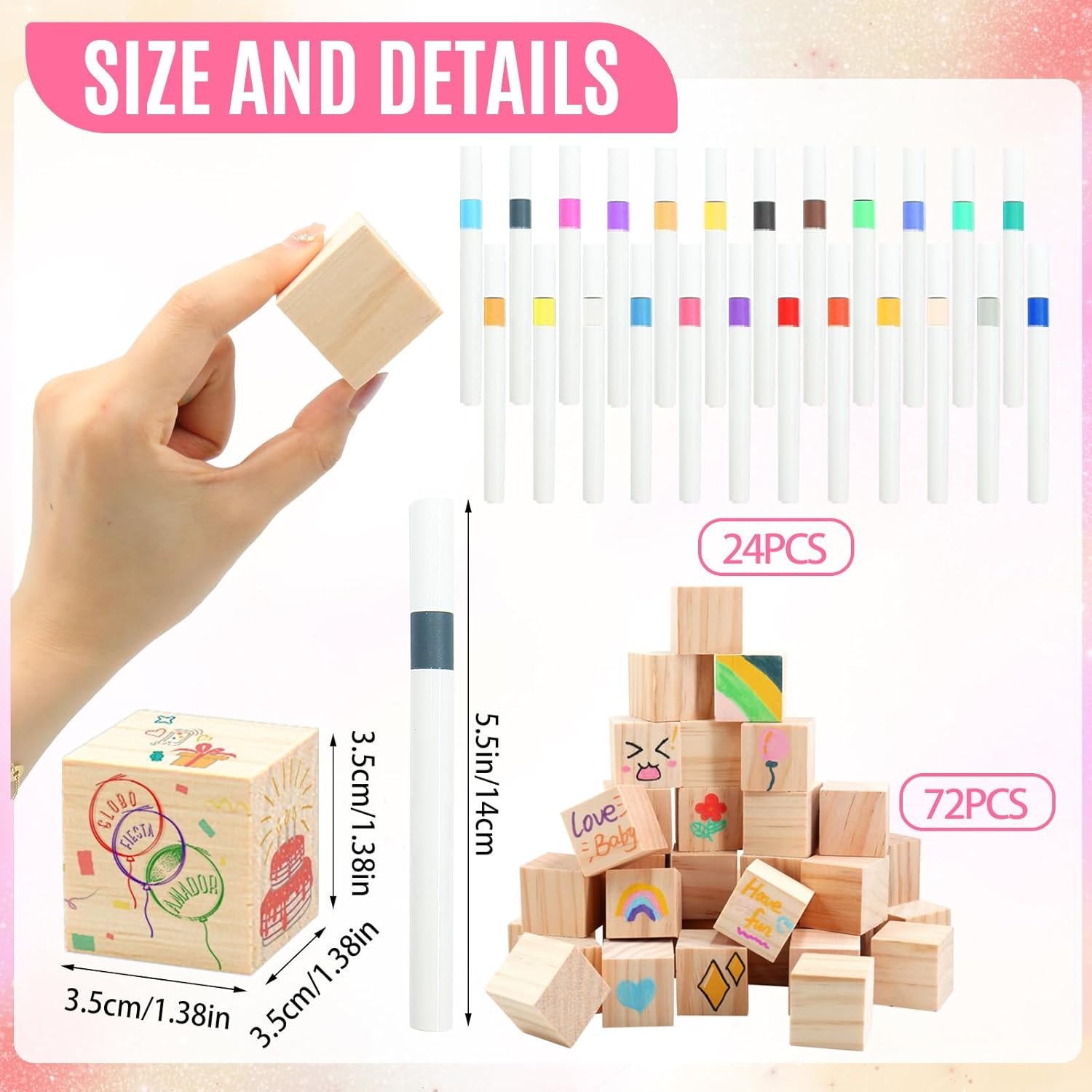 97 Pcs Pink Baby Shower Games Sign Kit,Including Decorate A Block Game Sign 72 Diy Blank Wooden Block 24 Pen To Draw Your Idea For Baby Shower Game Gender Reveal Party