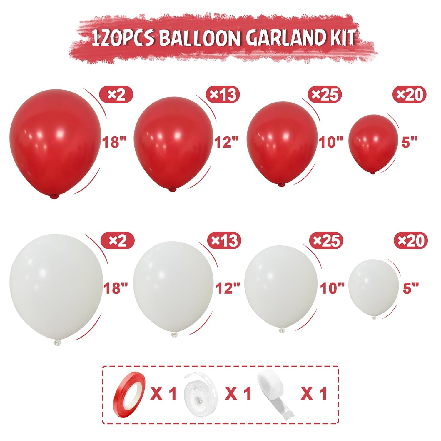 Red And White Balloon Arch Kit,120 Pcs White Red Balloon Garland, 18 12 10 5 Inch Latex Balloons For Birthday Bridal Shower Christmas Engagement Anniversary Bachelorette Party Decoration