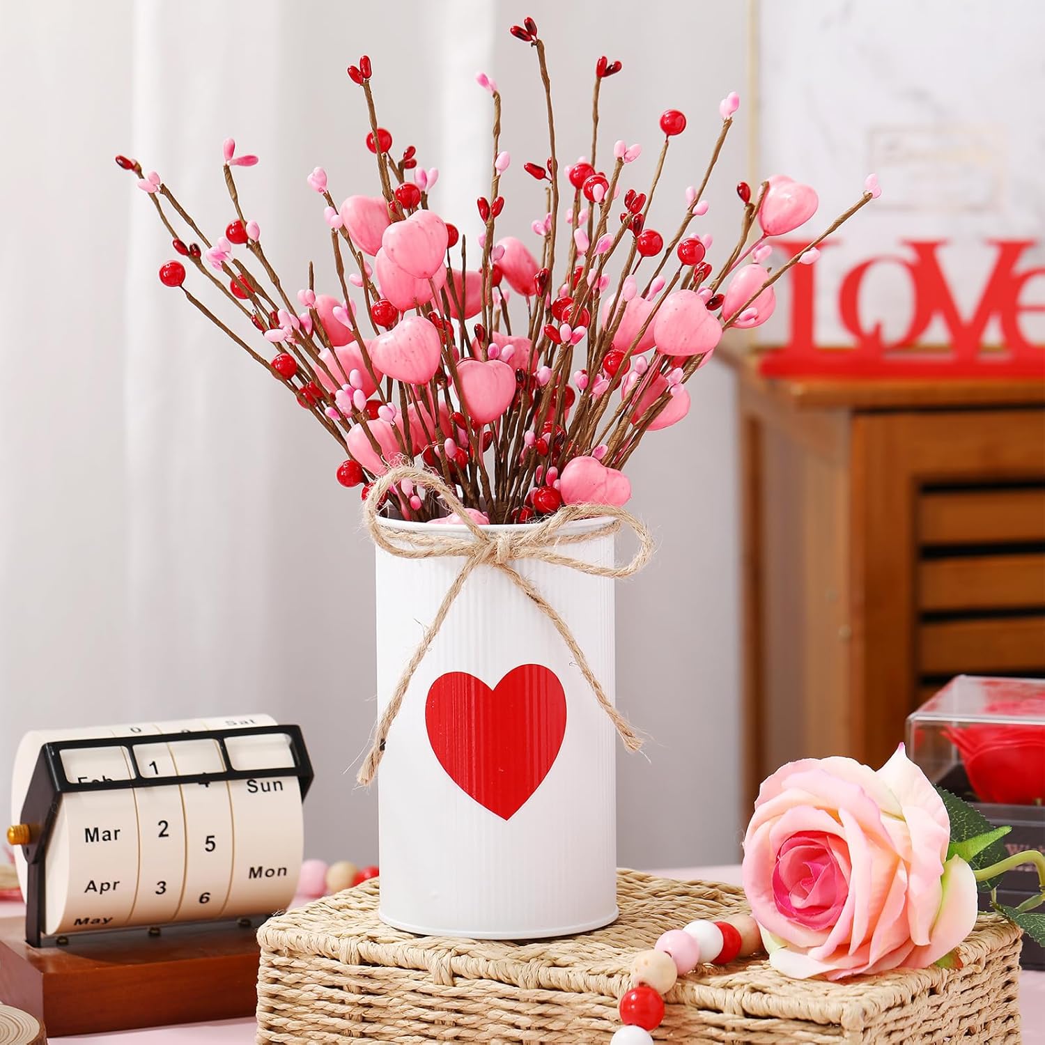 Valentine'S Day Table Centerpiece Decor Romantic Artificial Flower Stems Floral Heart Shaped Berry Picks With Metal Pots For Wedding Party Hotel Office Home Decoration(Pink)