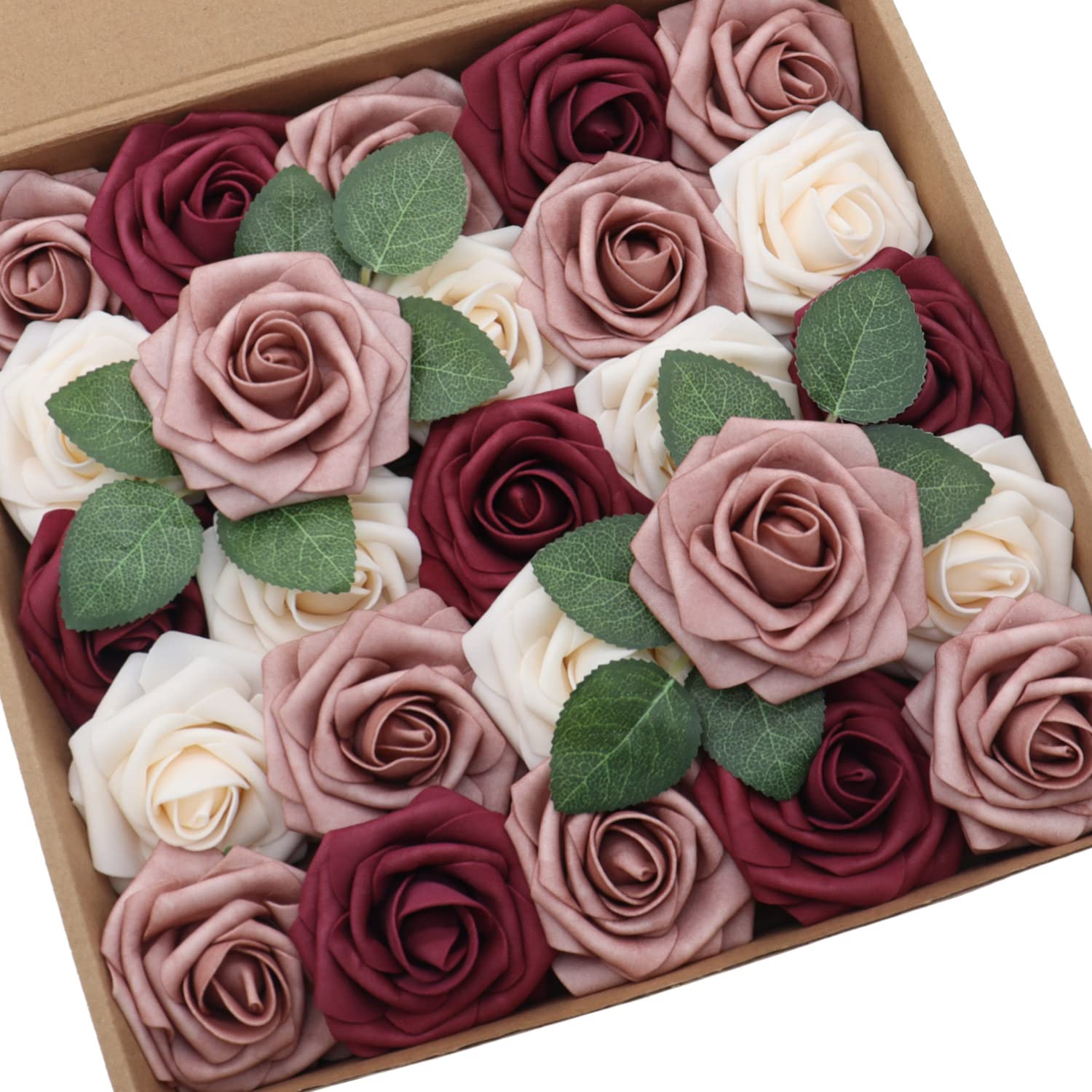 25Pcs Artificial Flower Cream & Dusty Rose & Burgundy Rose With Stem For Diy Wedding Bouquets Arch Floral Arrangements Wedding Flower Backdrop Bridal Shower Baby Shower Party Home Decor