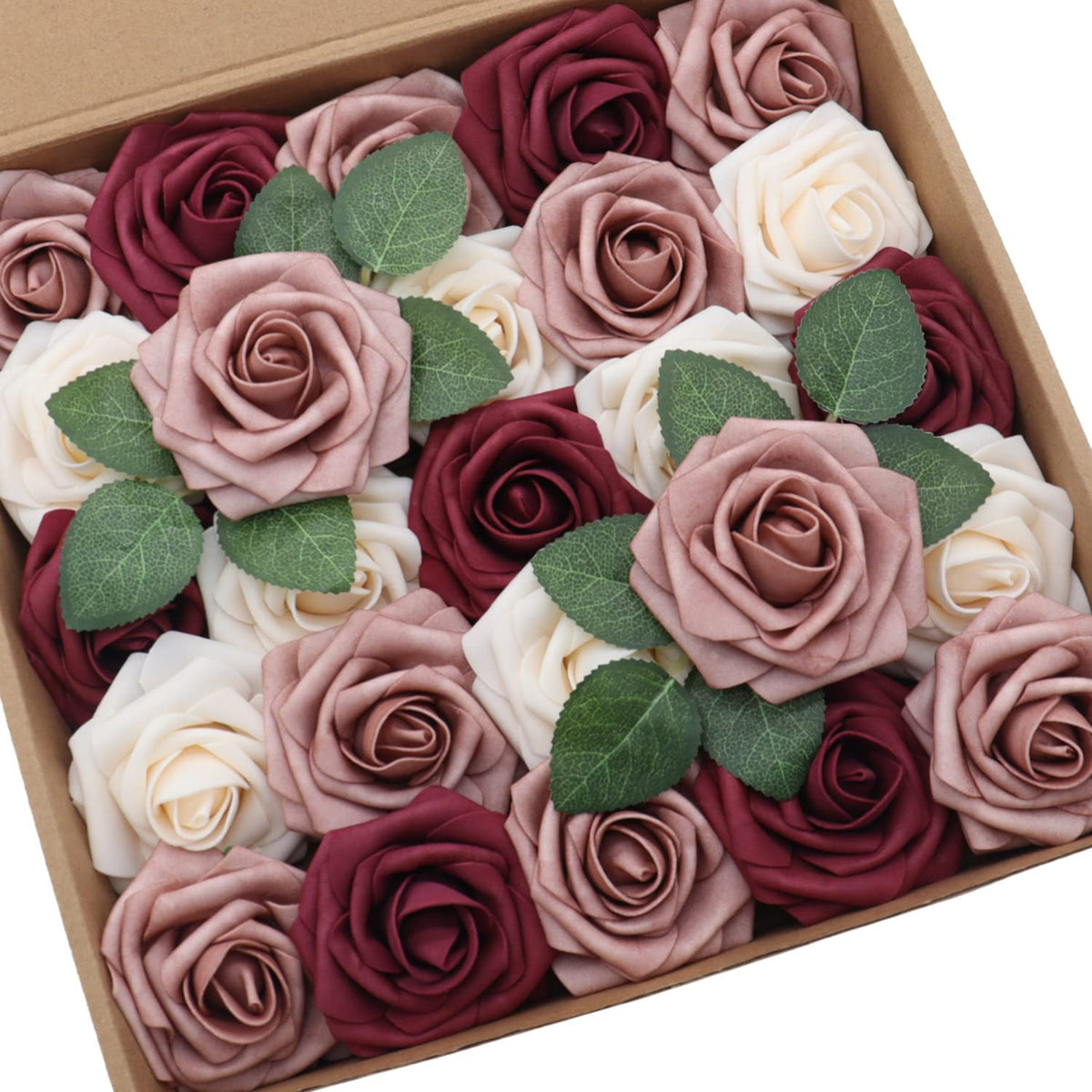 25Pcs Artificial Flower Cream & Dusty Rose & Burgundy Rose With Stem For Diy Wedding Bouquets Arch Floral Arrangements Wedding Flower Backdrop Bridal Shower Baby Shower Party Home Decor