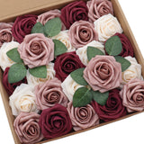 25Pcs Artificial Flower Cream & Dusty Rose & Burgundy Rose With Stem For Diy Wedding Bouquets Arch Floral Arrangements Wedding Flower Backdrop Bridal Shower Baby Shower Party Home Decor