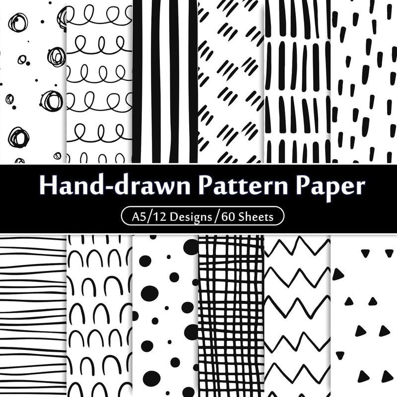 60 Sheet Black & White Doodle Pattern Paper A5 Size Hand Drawn Squiggles And D