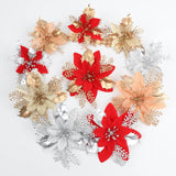 20Pcs Poinsettia Artificial Christmas Flower Decoration 5.9" Christmas Tree Decorations With Clips For Xmas Wreatrh Diy Crafts, (Gold Red)