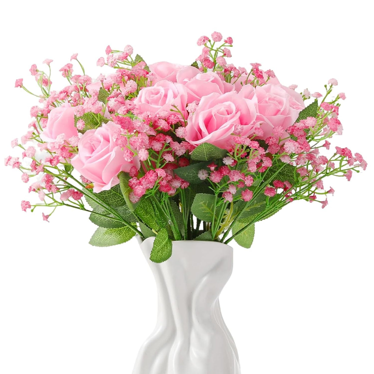 24 Pcs Artificial Flowers Bouquet 16 Pink Roses And 8 Baby Breath Gypsophila Fake Silk Floral Arrangements For Wedding Party Home Decor Centerpieces