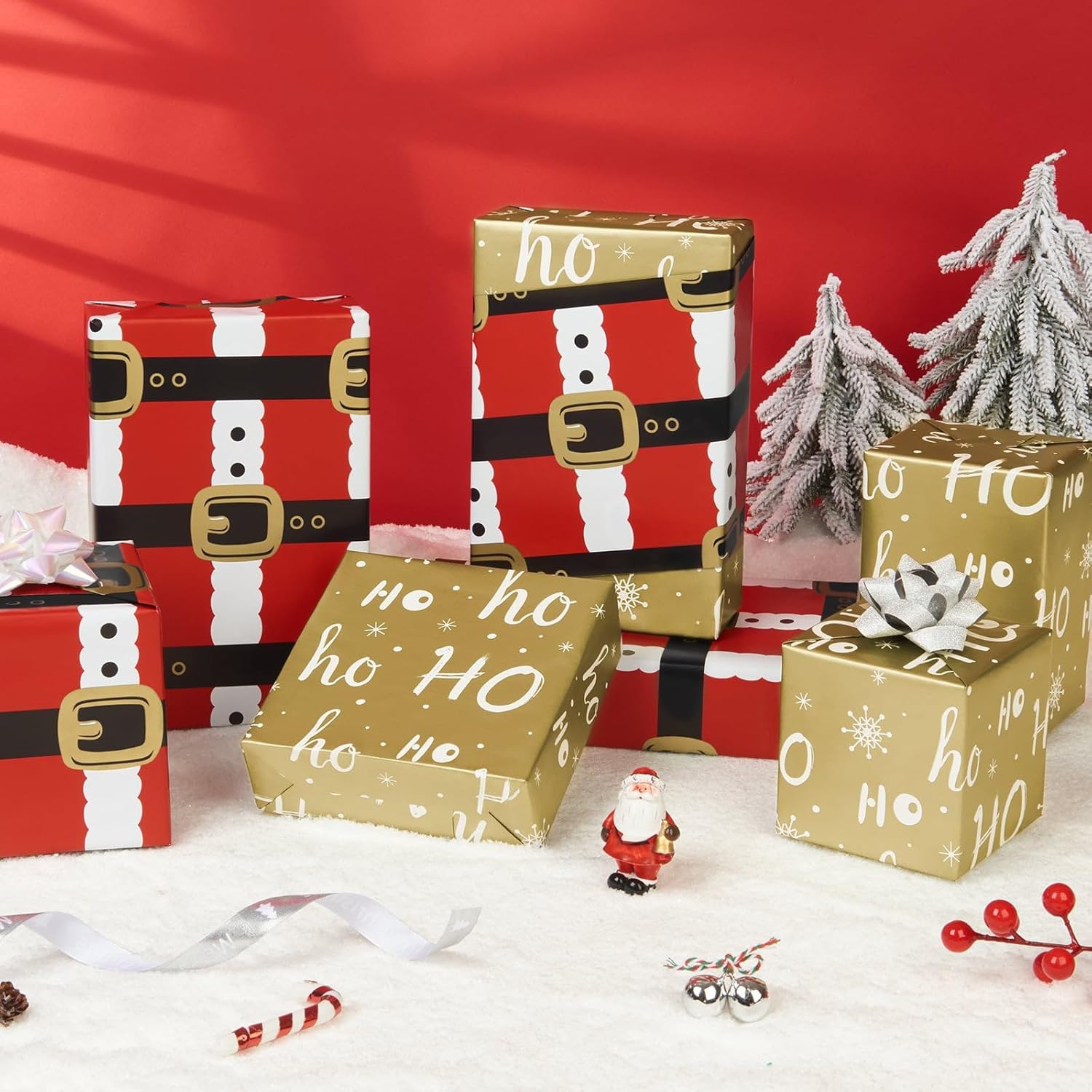 Christmas Gift Wrapping Paper Roll - 1 Roll 17”X 33 Ft Reversible Santa Claus Belt Wrapping Paper For Kids Red And Gold Gift Wrap For Christmas Holiday Party Supplies