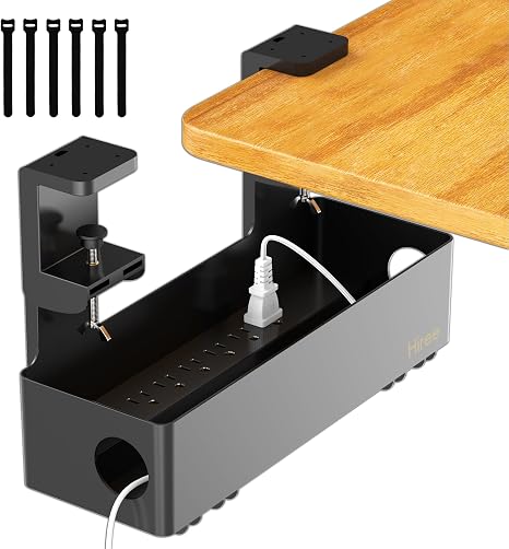 Under Desk Cable Management Tray with 6 AC Outlets Clamp Mount No Drill Organizer