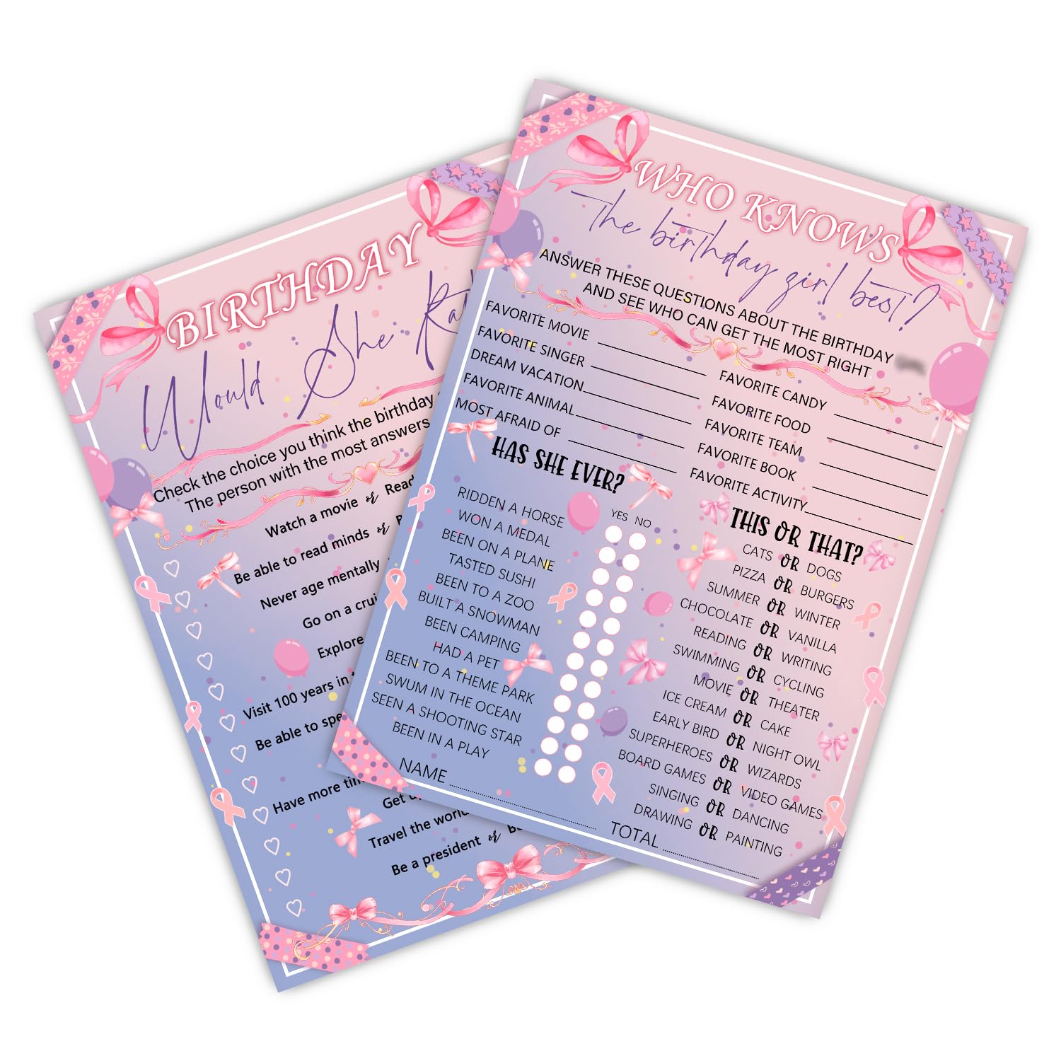 Who Knows The Birthday Best - Pink Purple Party Games Card Set - Sleepover Slumber Party Supplies - Birthday Night Games Creative Idea - 20 Game Cards
