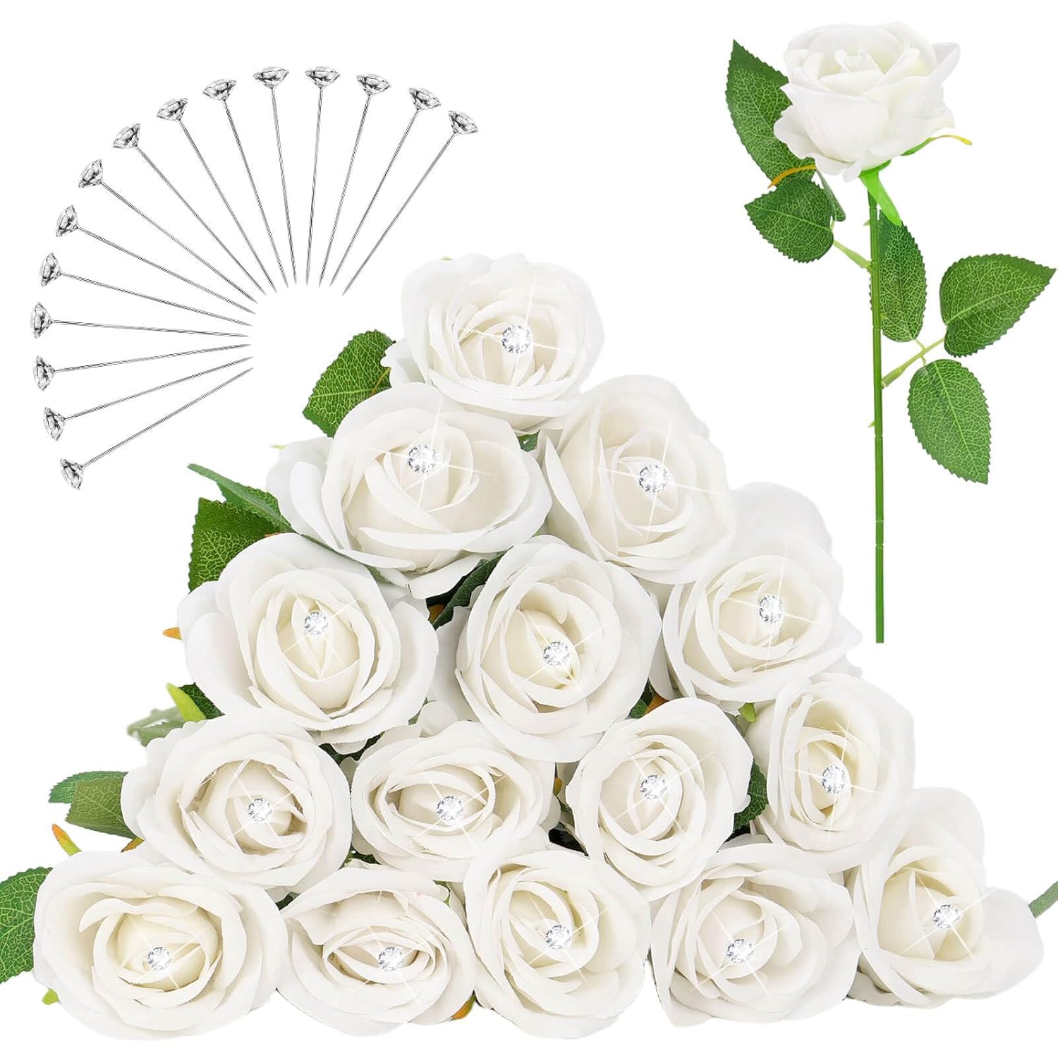 15Pcs White Rose Artificial Flowers With 15Pcs Diamond Pins For Bouquets, Fake Silk Roses Flower For Home Decoration Wedding Party Table Centerpieces