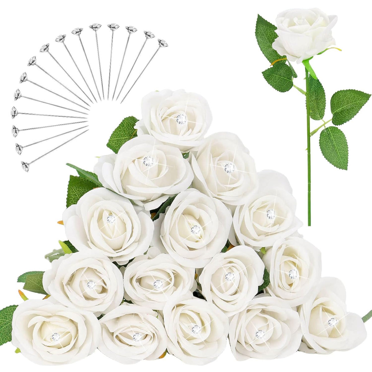 15Pcs White Rose Artificial Flowers With 15Pcs Diamond Pins For Bouquets, Fake Silk Roses Flower For Home Decoration Wedding Party Table Centerpieces