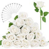 15Pcs White Rose Artificial Flowers With 15Pcs Diamond Pins For Bouquets, Fake Silk Roses Flower For Home Decoration Wedding Party Table Centerpieces