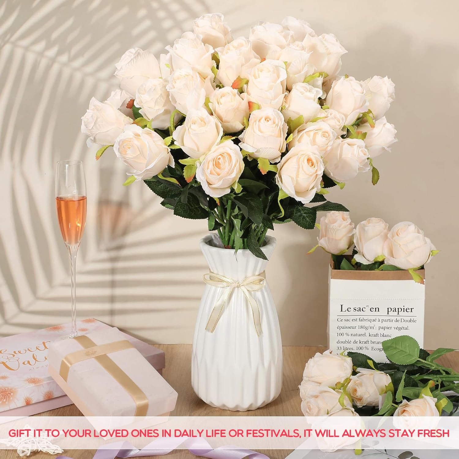 50 Pcs Artificial Rose Flower Bulk Realistic Silk Fake Roses With Long Stem Plastic Artificial Flower Bouquet Real Looking For Home Wedding Centerpieces Party Decoration(Beige Champagne)