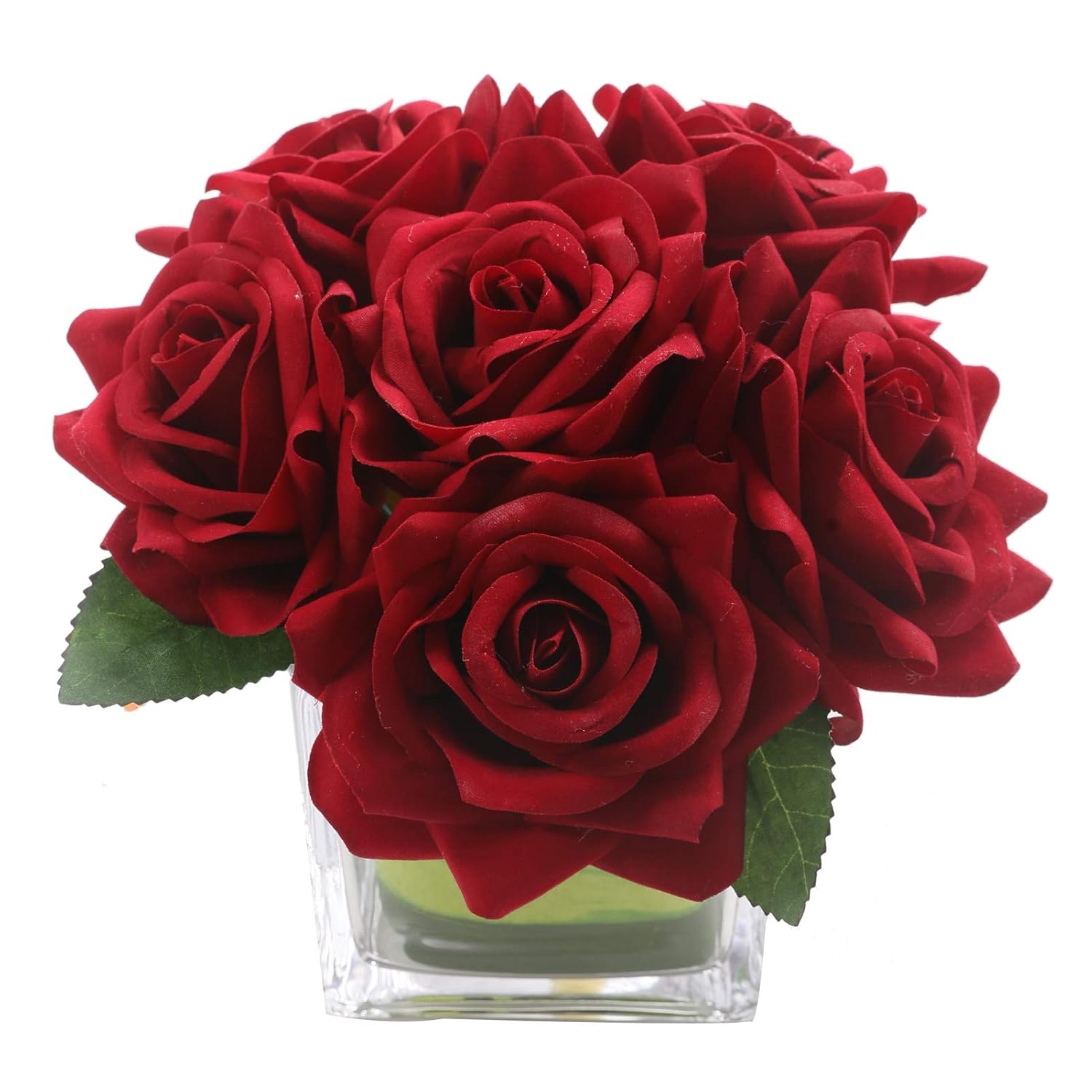 Artificial Velvet Rose Flower Centerpiece Arrangement In Vase For Home Wedding Decoration (Burgundy)