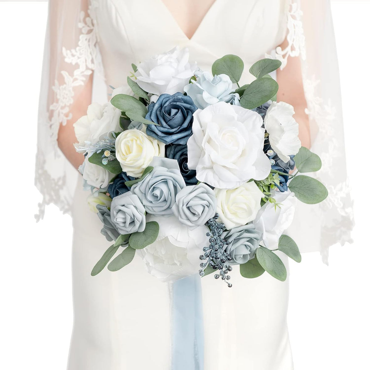 Dusty Blue Bridal Bouquet For Bride, Blue Wedding Bouquets For Bride, 13 Inch Silk Round Artificial Wedding Flowers Bouquets