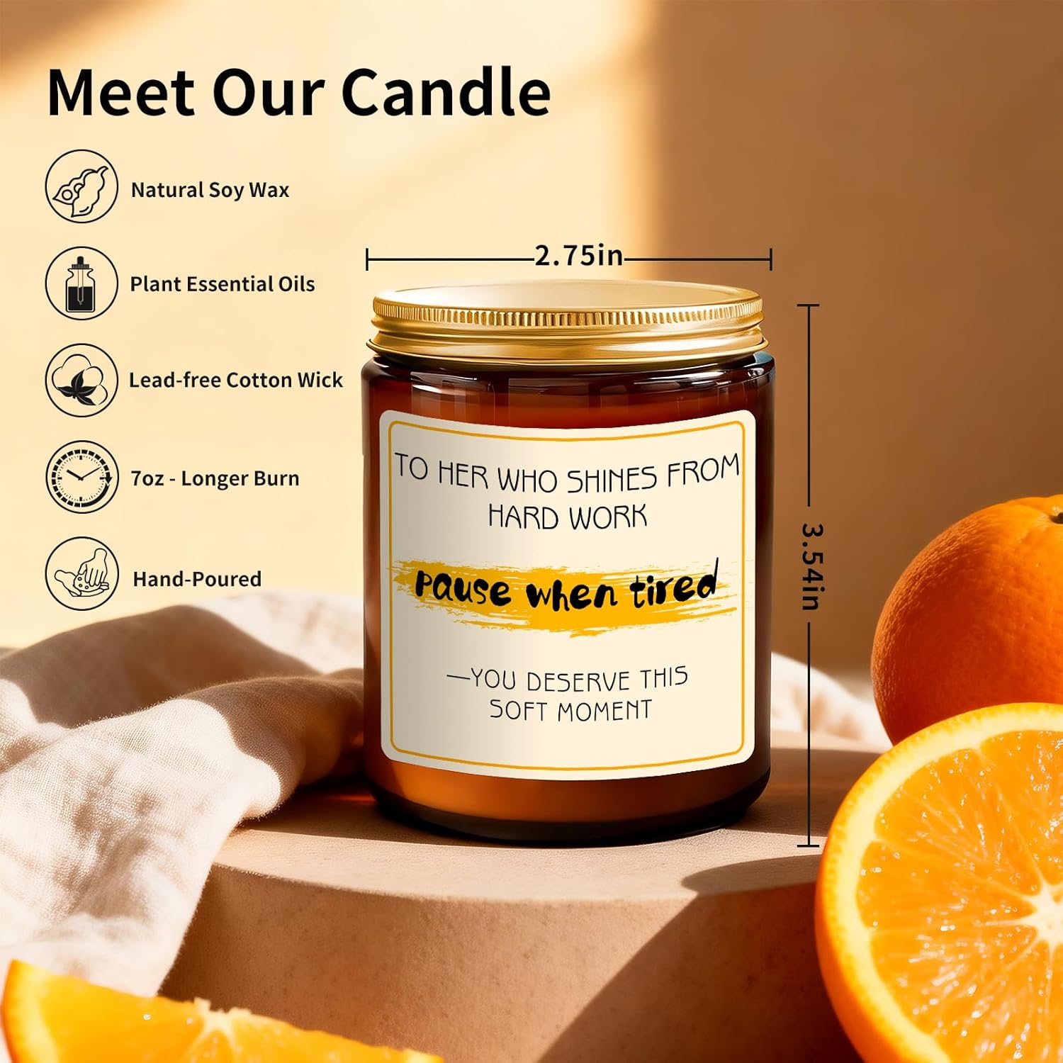 Candle Gift For Women Hard Work - Orange Aromatherapy Candle For Women, Novelty Gifts For Coworker Work Bestie - 7Oz Natural Soy Wax Candle, Unique Present With Saying, Stress Relief Relaxing Candles