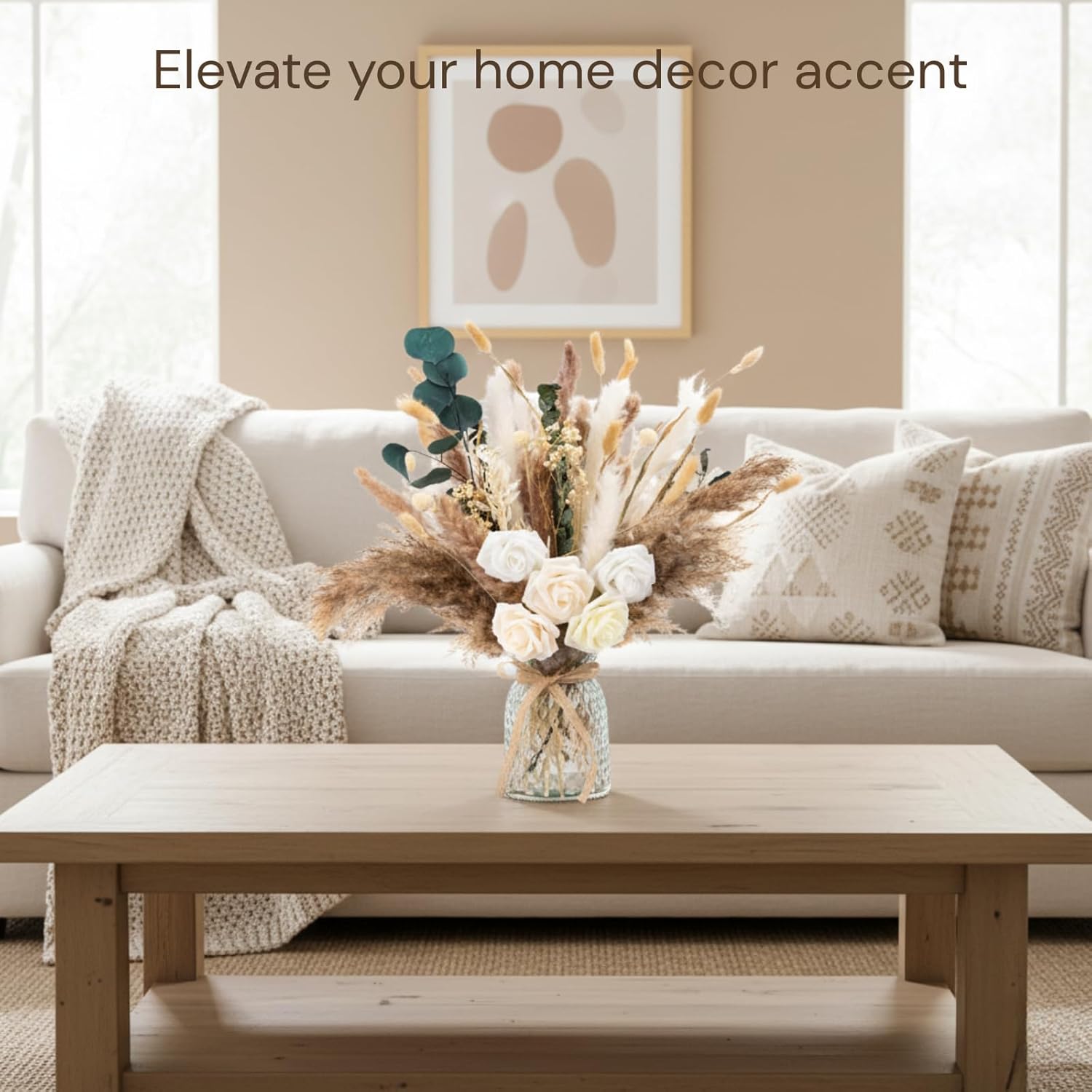100Pcs Artificial Flowers Arrangement With Vase Included, Dining Table Centerpiece Decorations, Fake Flowers In Vase, Dried Pampas Grass Floral Centerpieces, Coffee Table Decor, Centro De Mesa
