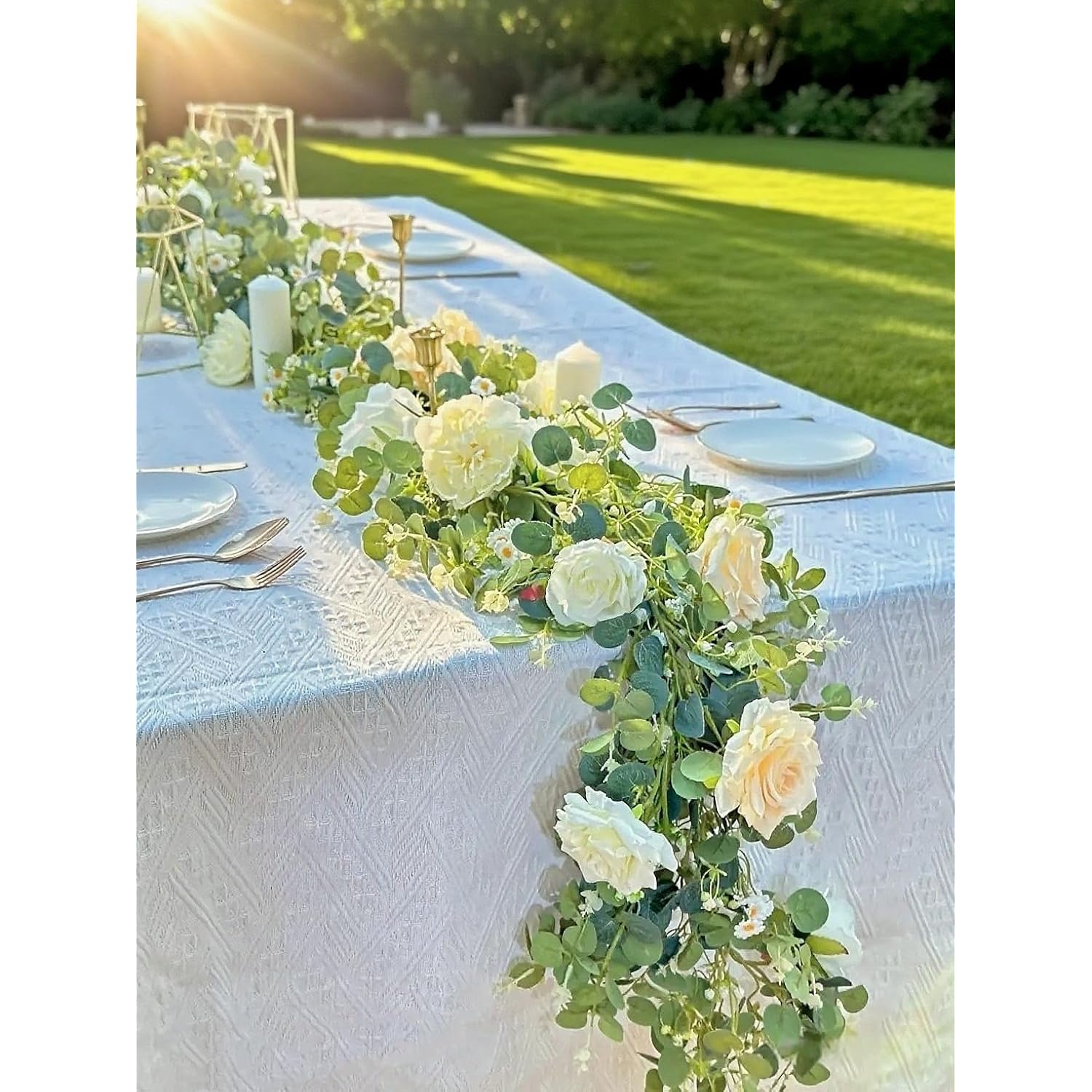 Artificial Eucalyptus Garland (Roses, Peonies, Daisies); Artificial Flower Garland For Weddings, Parties, Backdrops. Artificial Rose Vine For Home Decor, Table Decor, Door & Hanging Decor.
