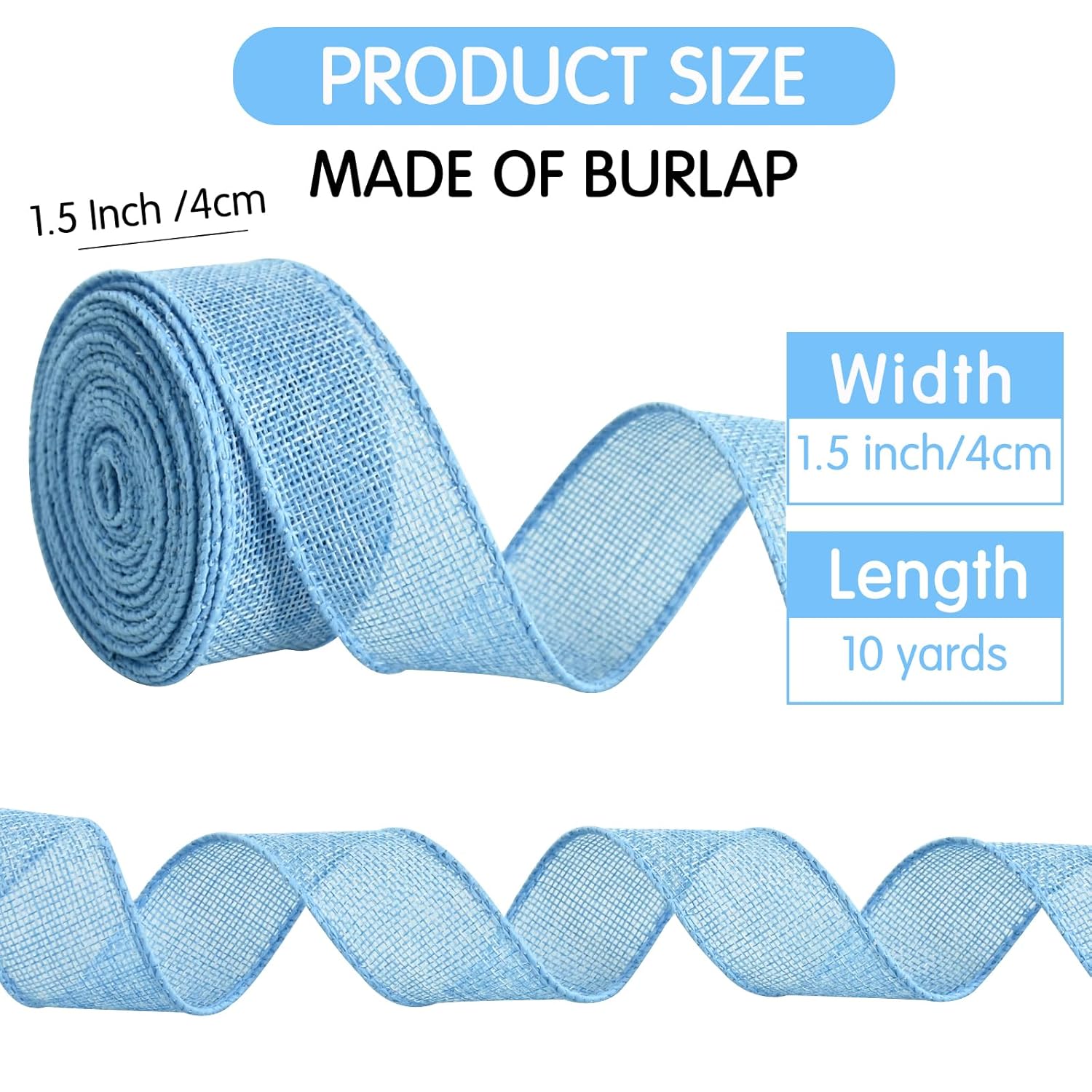 Burlap Light Blue Wired Ribbon, 1 1/2 Inch 10 Yard Jute Ribbon For Decoration Bows Tree Toppers Ribbons Craft Gift Wrapping Wreath Sewing, For Winter Christmas Spring Easter Wreath Decor