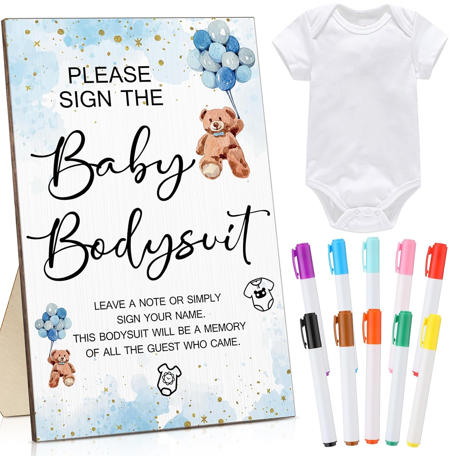 12 Pcs Baby Shower Game Party Favors With White Unisex Bodysuit Wooden Sign Tabletop Decor And Marker For Guests(Blue Bear)