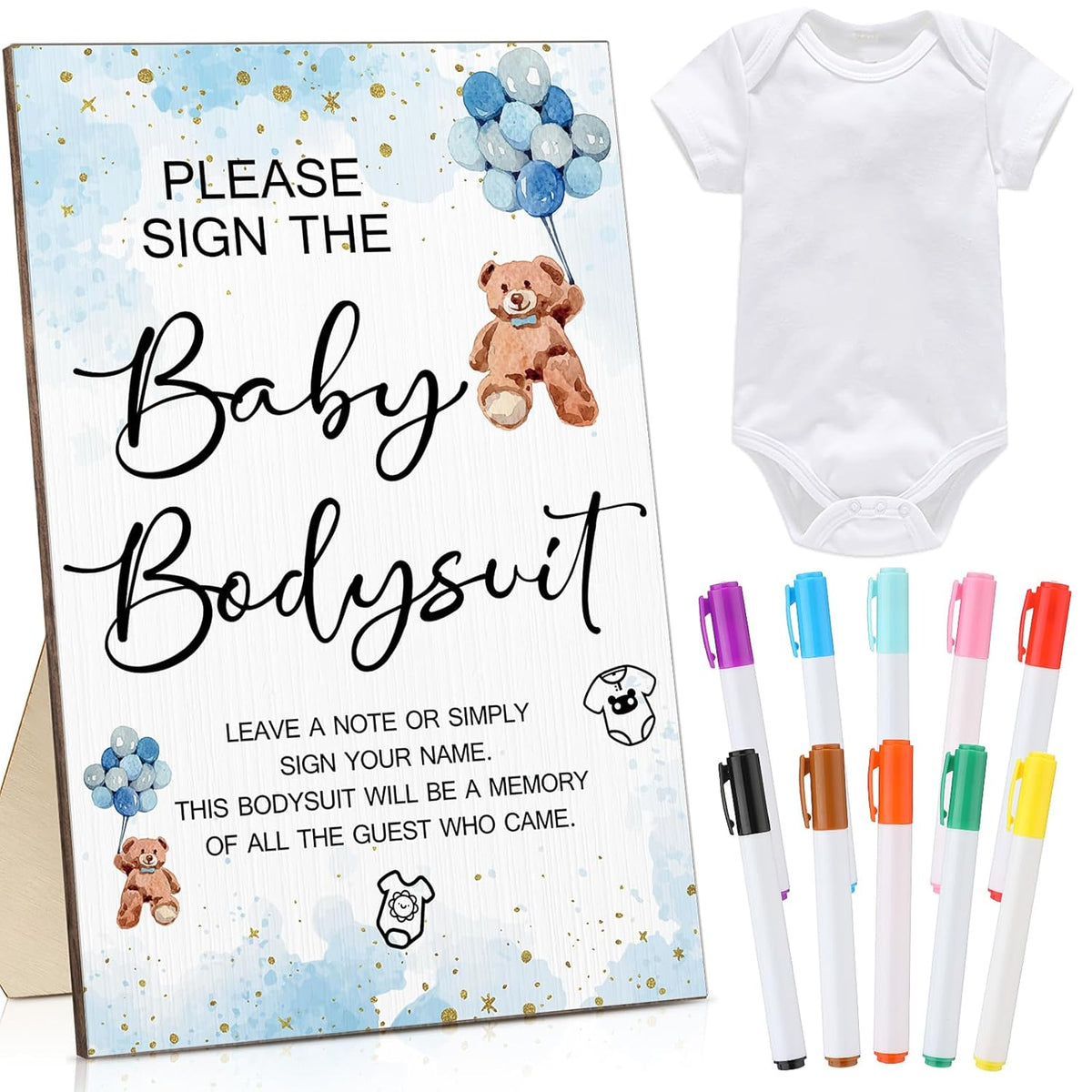 12 Pcs Baby Shower Game Party Favors With White Unisex Bodysuit Wooden Sign Tabletop Decor And Marker For Guests(Blue Bear)