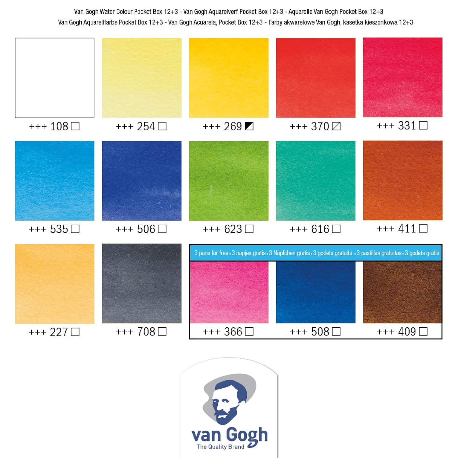Watercolor Paint Set, Plastic Pocketbox, 12-Half Pan + 3-Half Pan Bonus General Selection