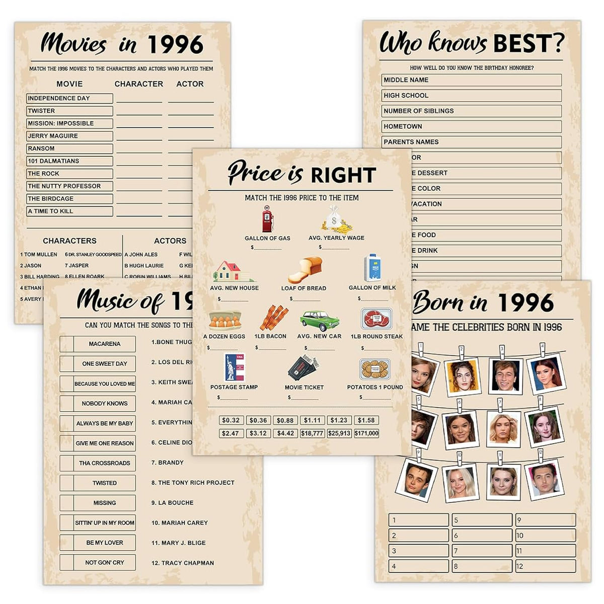 30Th Birthday Party Games, Set Of 5 Activities For 10 Guests, Born In 1996 Games Bundle, Birthday Party Supplies For Adults, Pack Of 50 Cards
