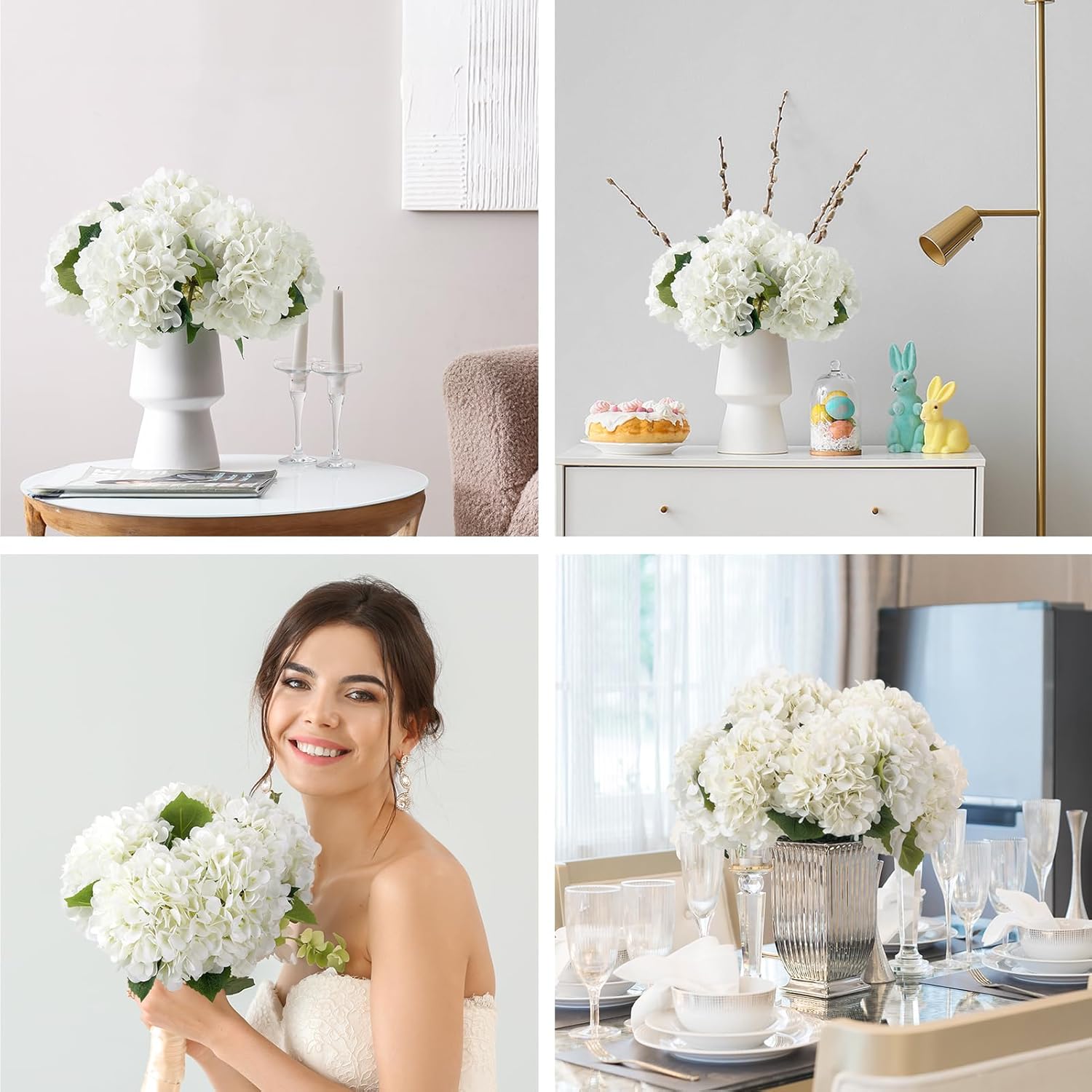 8Pcs White Artificial Hydrangea Flowers Bouquets, Silk Hydrangea Flowers With Stems And Leaves, Fake Flower Bouquets For Home Garden Party Decor, Wedding Centerpieces (13.8 X 7.9 Inches)