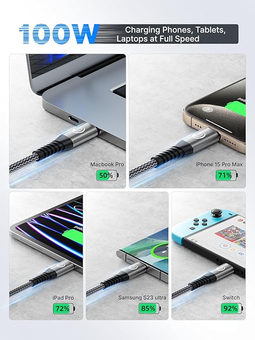 2 Pack 100W USB C to USB C Fast Charging Cable 10FT Braided Type C Charger for iPhone 16 15 MacBook Samsung Pixel PS5
