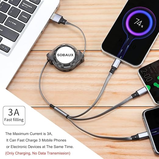 2 Pack Retractable 3 in 1 Multi USB Charging Cable Universal Fast Charger Cord for iPhone Samsung Android Tablets Gray