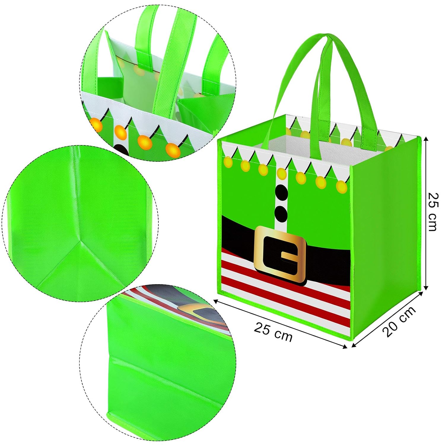 12 Pack Christmas Non-Woven Bags 9.8 X 7.8 X 9.8 Inches Santa Claus Elves Suit Prints Xmas Gift Bags Holiday Present Party Bag Non Woven Treat Storage Sack For Christmas Party Celebrations