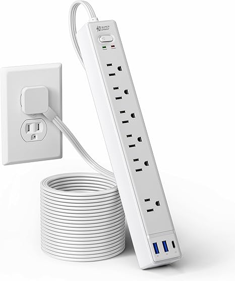 10FT Surge Protector Power Strip with 6 Outlets 3 USB Ports Flat Plug Extension Cord