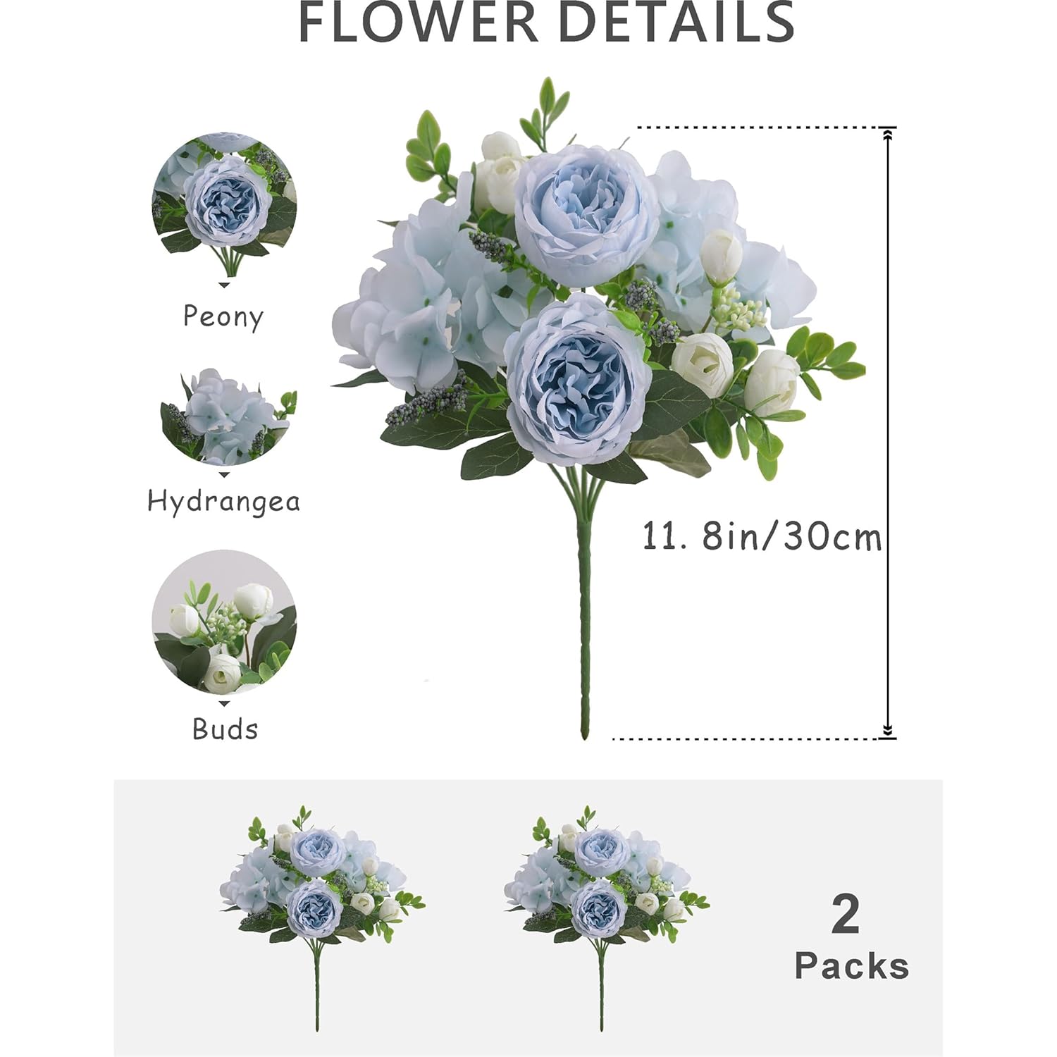 2 Bunches Artificial Peonies Flowers Small Silk Blue Peonies Fake Hydrangea Flowers Arrangements Table Centerpiece Faux Flores For Bridal Wedding Home Decor (2, Blue White)