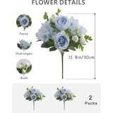 2 Bunches Artificial Peonies Flowers Small Silk Blue Peonies Fake Hydrangea Flowers Arrangements Table Centerpiece Faux Flores For Bridal Wedding Home Decor (2, Blue White)