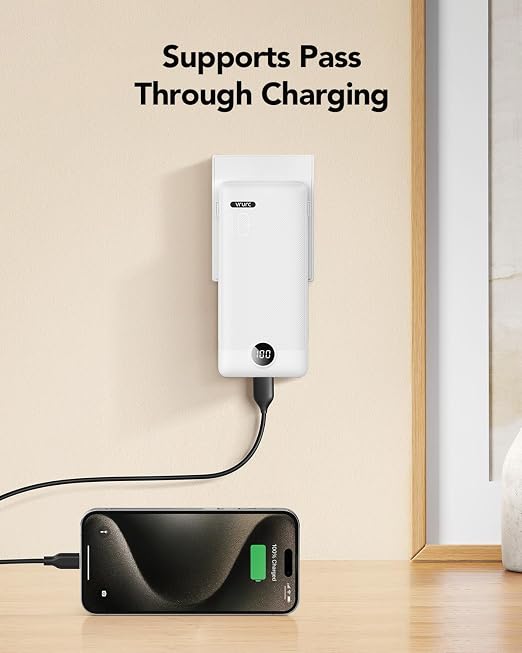 10000mAh USB C Power Bank with Built In Cables AC Wall Plug Portable Phone Charger White