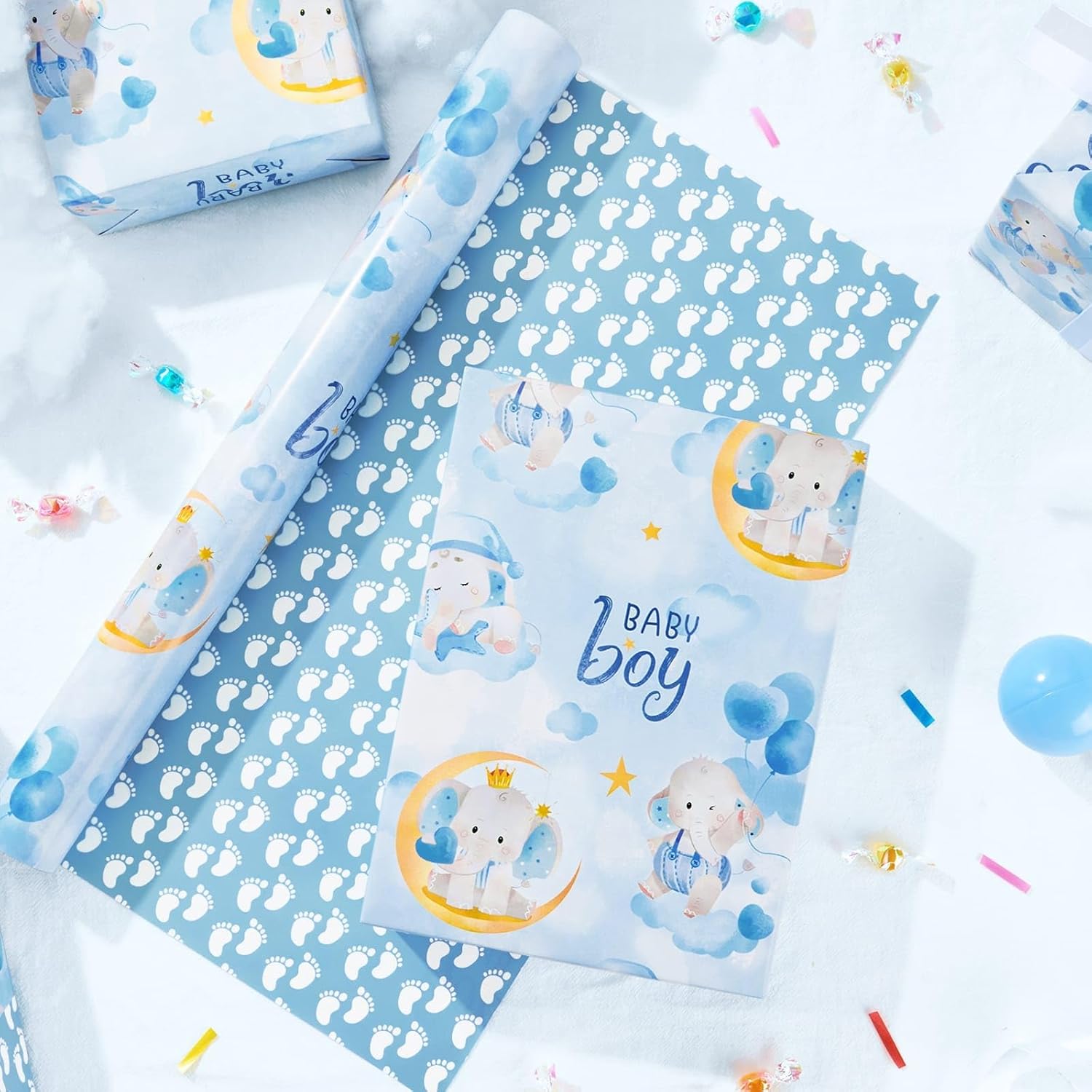 Baby Boy Wrapping Paper Roll - 1 Roll 17”X 33 Ft Blue Baby Elephant Wrapping Paper For Kids Birthday Gift Packing Supply Elephants And Footprints Design Paper For Baby Showerparty Favor, Reversible