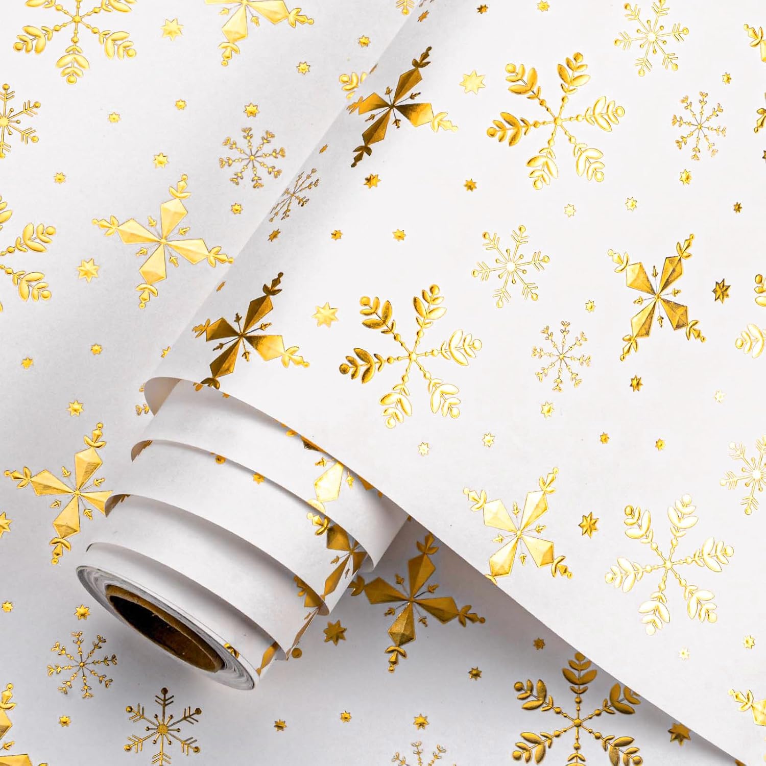 Christmas Wrapping Paper Roll - 3D Embossed Gold Foil Metallic Shine Snowfalkes Gift Wrap For Christmas, Winter Holiday, New Year Celebration - Mini Roll - 17 Inch X 33 Feet