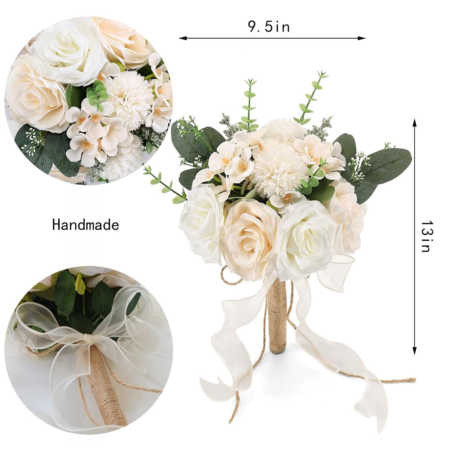 9.5In Wedding Bouquets For Bride Bridesmaid, Champagne Roses White Artificial Flowers Toss Bouquet For Wedding Party Church Decoration