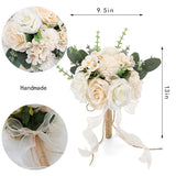 9.5In Wedding Bouquets For Bride Bridesmaid, Champagne Roses White Artificial Flowers Toss Bouquet For Wedding Party Church Decoration