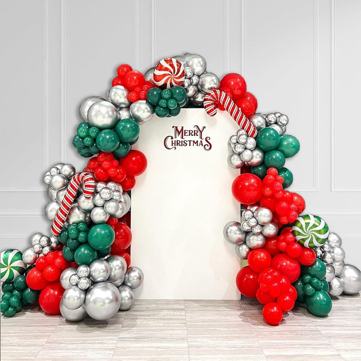Christmas Balloon Arch Kit 140Pcs - Red, Green, Silver Balloons - Candy Cane, Foil - Christmas Party Decorations