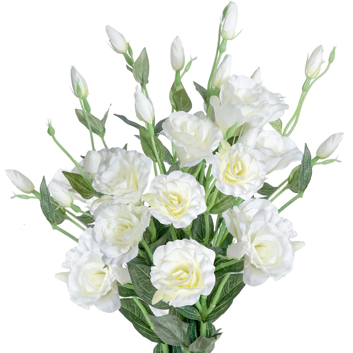 Eustoma Artificial Flowers 30” Long Stems Faux Roses Bouquet Dozen Silk Blooming Heads Diy Crafts Home Decoration, 4Pcs Bulk (White)