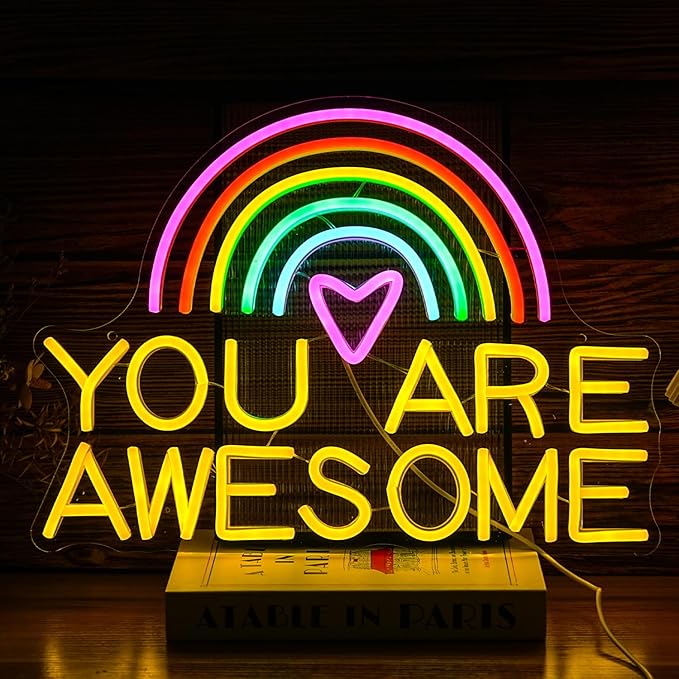 You Are Awesome Neon Sign Rainbow LED Wall Light USB Dimmable Decor for Classroom Bedroom Party