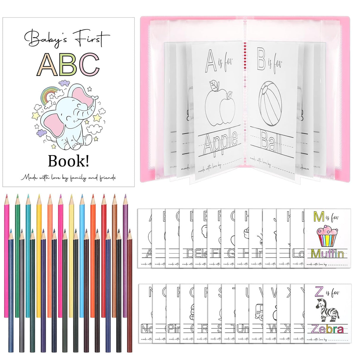 First Abc Coloring Book Activity 26 Card Alphabet A To Z Pages With 24 Color, Funny Pictures To Color Page Guestbook(Pink)