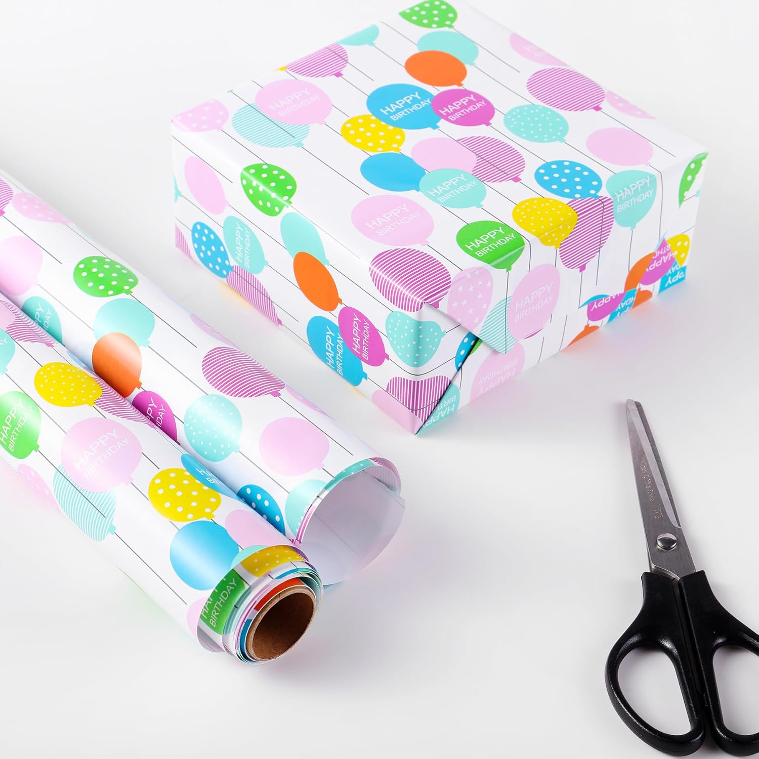 Birthday Wrapping Paper, 3 Mini Rolls, 17 Inch X 9.8 Feet, Decorative Happy Gift, Presents And Balloons Design Wrapping Paper For Birthday, Gift Packaging, Holiday, Party, Baby Shower