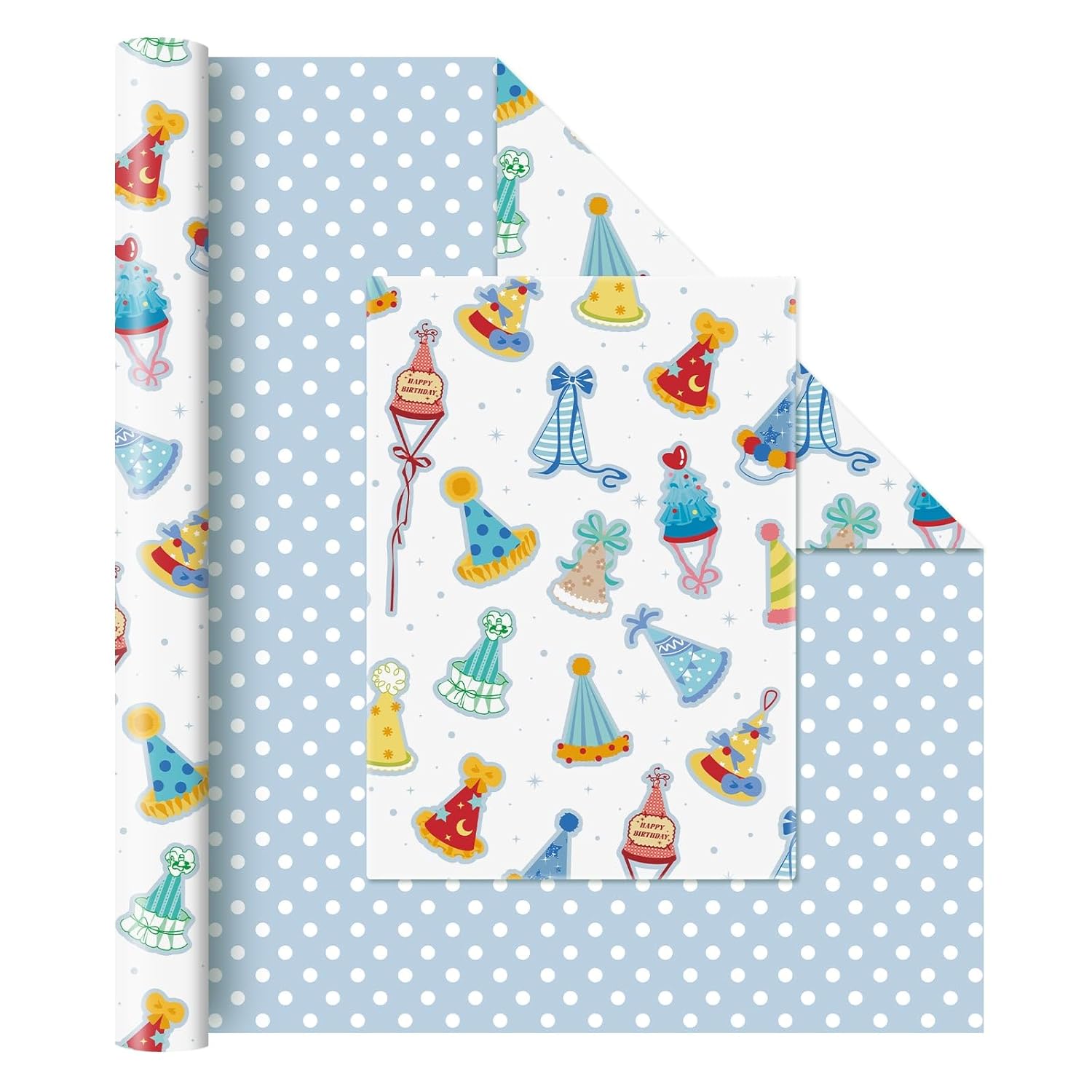 Birthday Hat Wrapping Paper Roll - 1 Roll 17”X 33 Ft Baby Shower Wrapping Paper Happy Birthday Baby Blue Gift Packaging Supply For Kids Party Decor Favor, Reversible